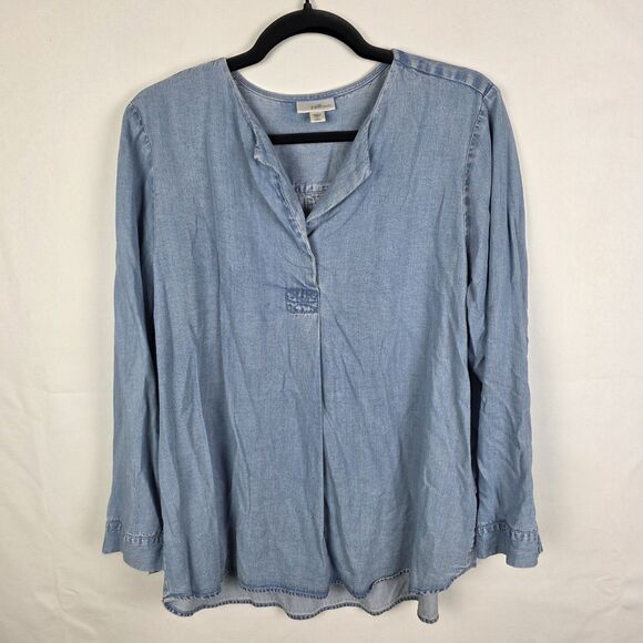 J. Jill Denim Chambray Wash Split Neck Popover Tunic Top Women’s Large Petite - Picture 1 of 6